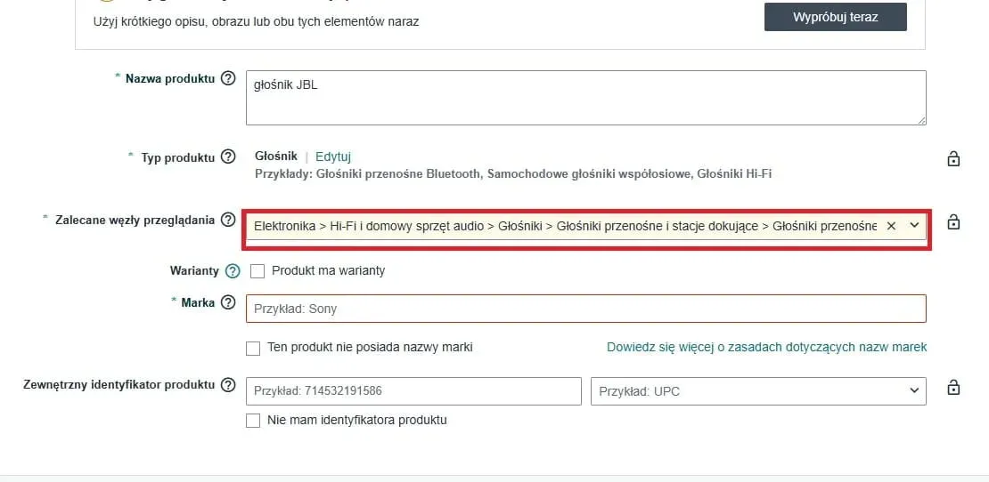 A tak wygląda to w momencie dodawania produktu: