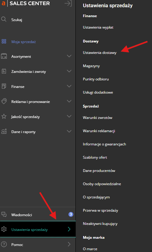 Następnie z lewego menu wybierz kolejno: Ustawienia sprzedaży -> Ustawienia dostawy.