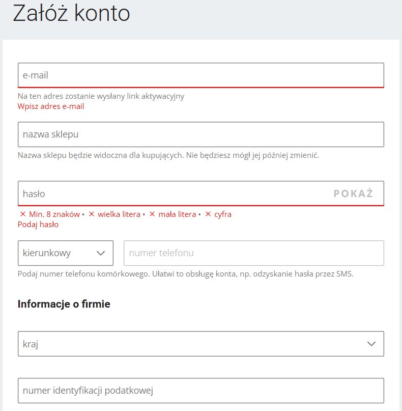 Formularz rejestracji Allegro