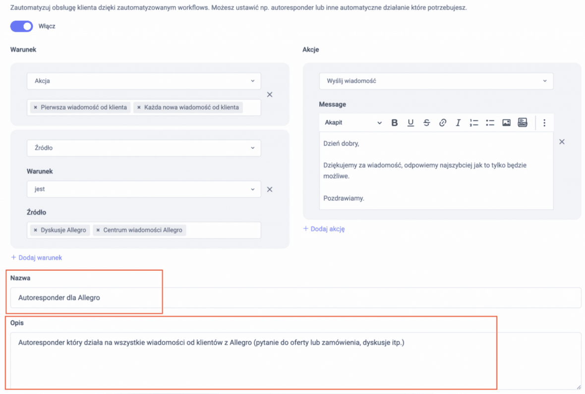 Warto również nazwać autoresponder oraz dodać do niego opis.