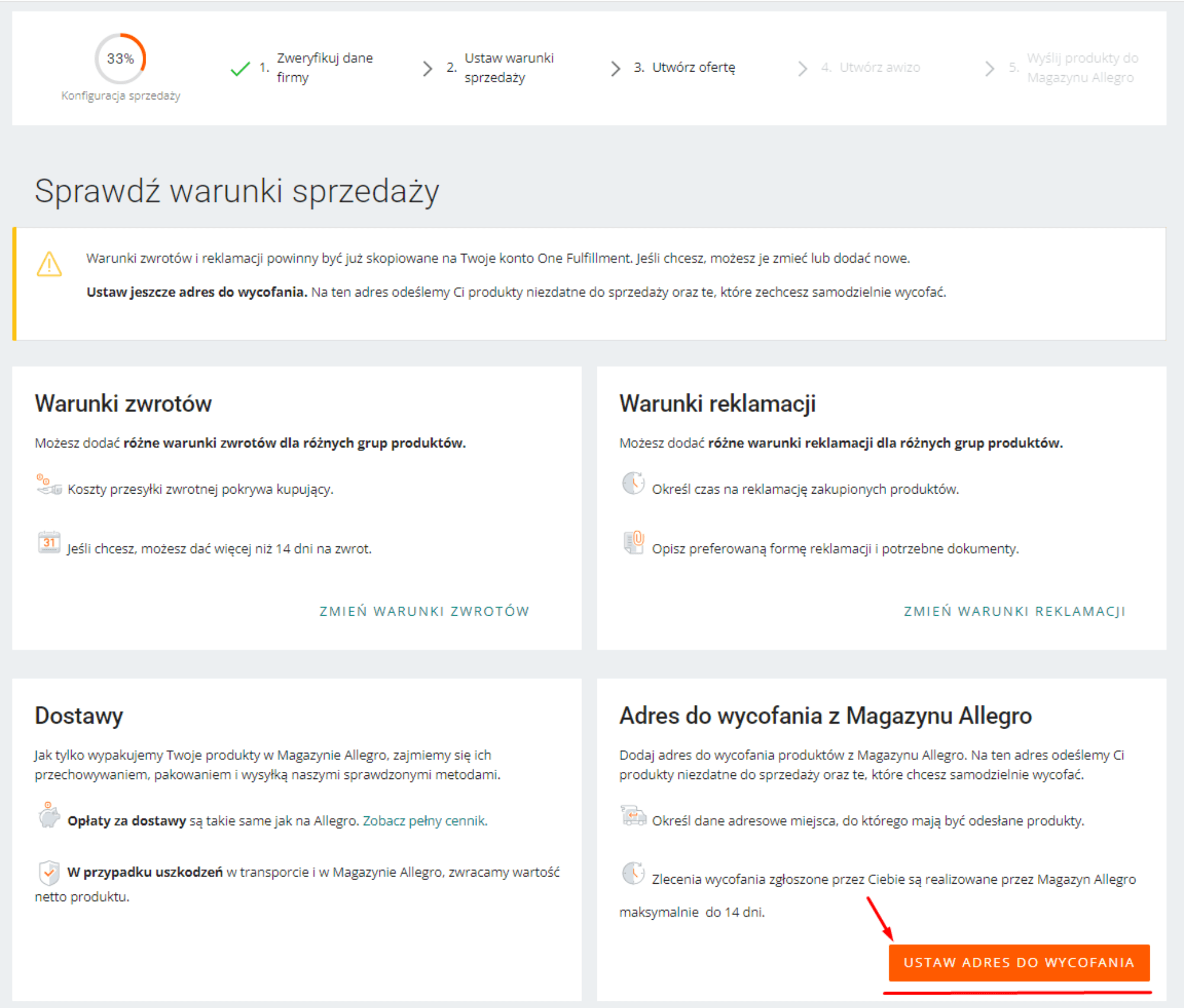 Ustawienie adresu wycofania z Magazynu Allegro