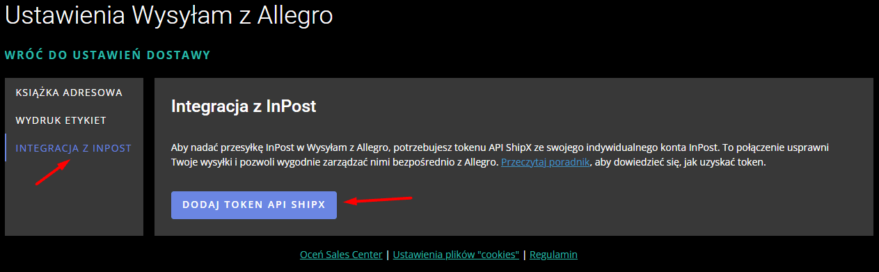 Następnie wybierz Integracja z Inpost i kliknij Dodaj Token API.