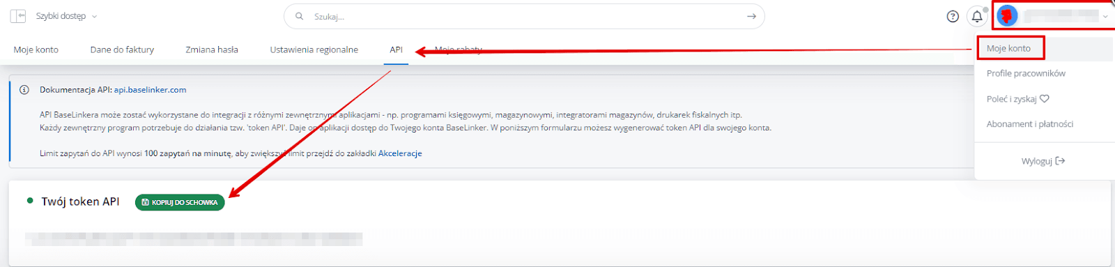 Moje konto → Zakładka API