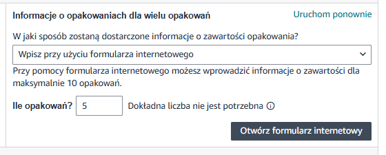 Otwieramy formularz i wpisujemy ile kartonów będzie zawierała dostawa