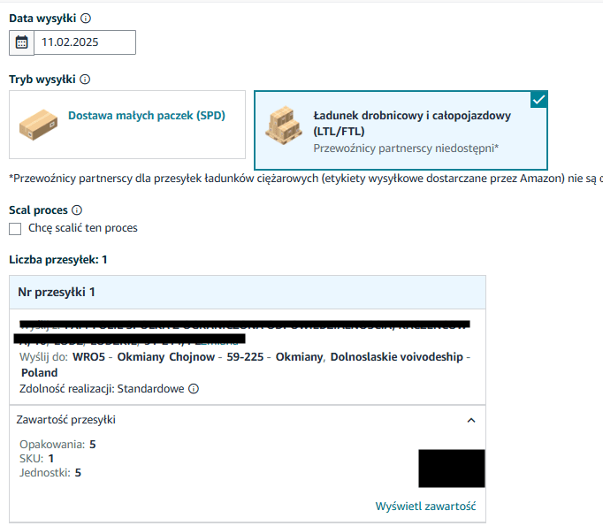 Zaznaczamy czy kartony są pojedyncze, czy jest to dostawa paletowa